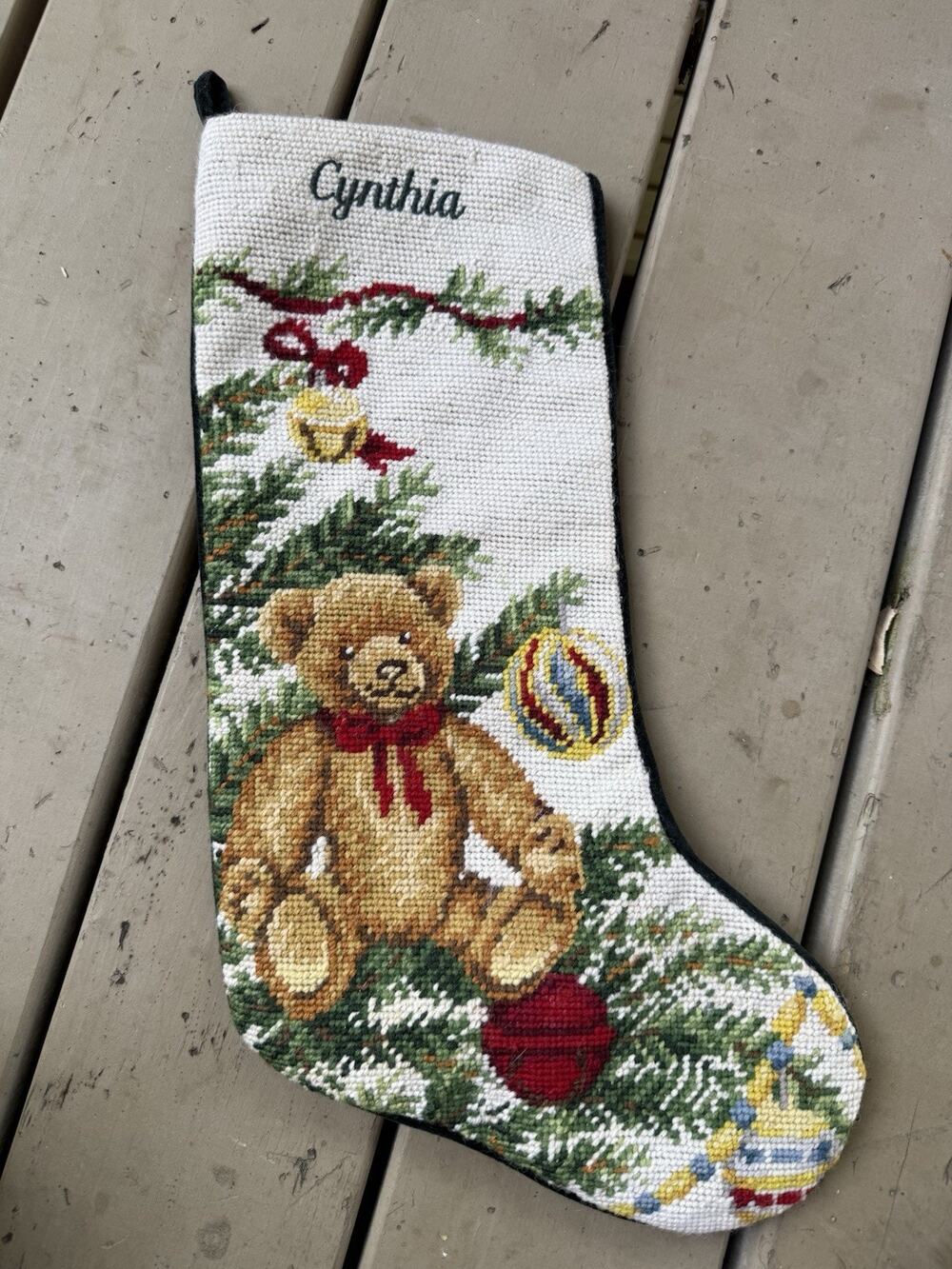 Vintage Lands' End Wool Needlepoint Christmas Stocking Teddy Bear Cynthia Velvet